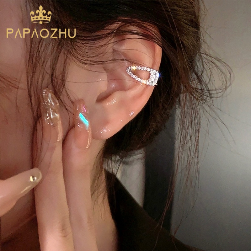 Papaozhu 1PC Chic S925 Perak Bersinar Zirkon Pin Bentuk Klip Anting-Anting Untuk Wanita Perempuan Mewah Berlian Imitasi Berkilau Tanpa Tindik Anting-Anting Kepribadian Telinga Hiasan