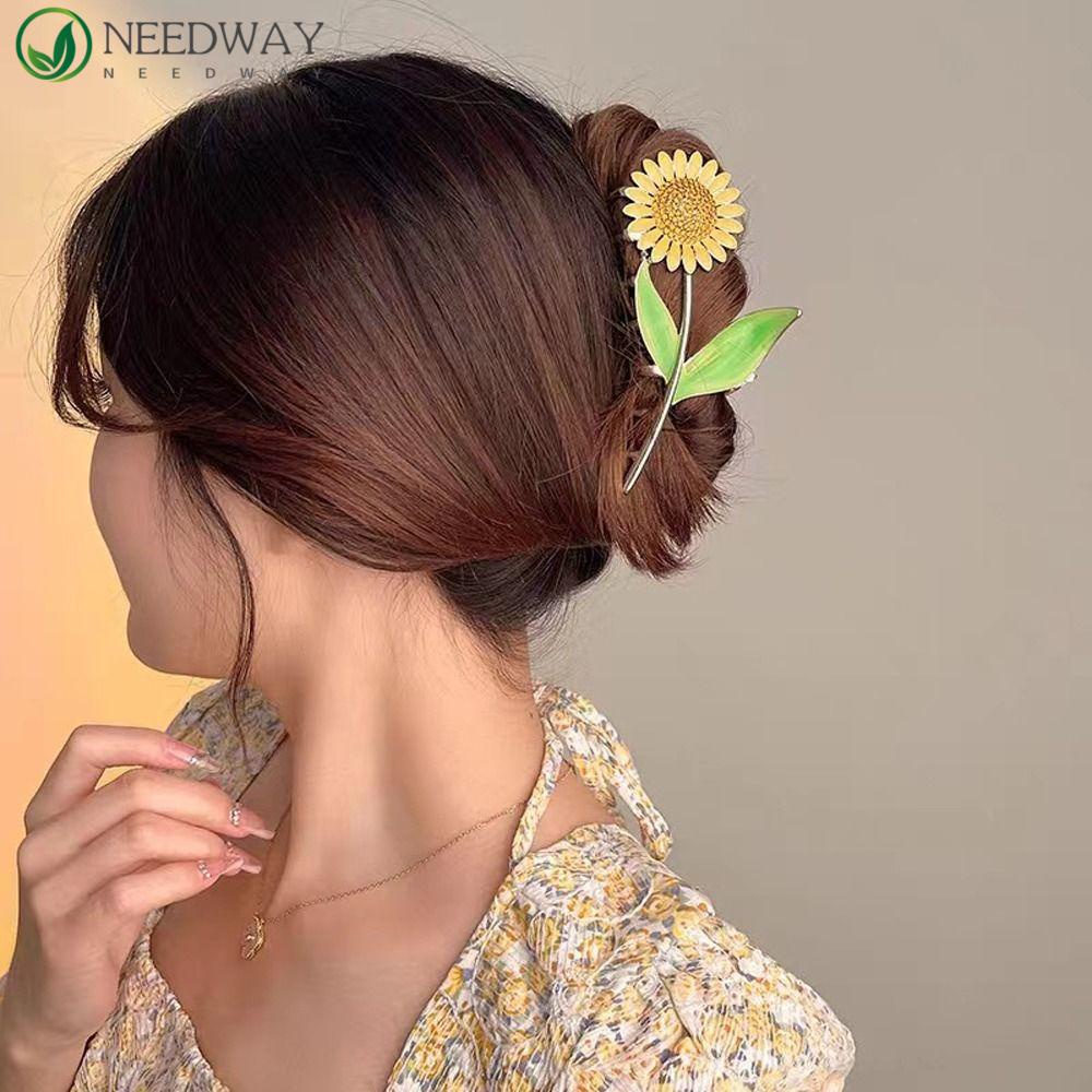 Needway Sunflower Hair Claw Hadiah Untuk Gadis Ins Gaya Hiasan Kepala Rambut Kepiting Klip Zirkon Jepit Rambut Ponytail Holder Besar Hairgrips Fashion Hiasan Kepala Korea Hair Clips