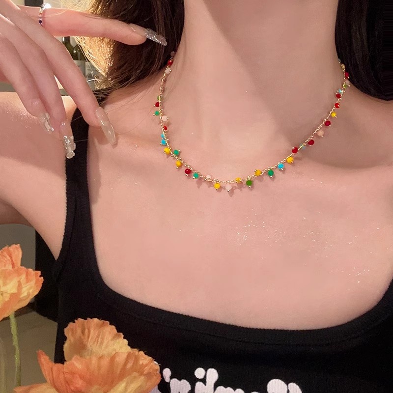 Roselife Korea Musim Panas Trendi Warna-Warni Resin Manik-Manik Choker Kalung Untuk Wanita Gadis Manik-Manik Pelangi Tulang Selangka Rantai Kalung Perhiasan Aksesoris