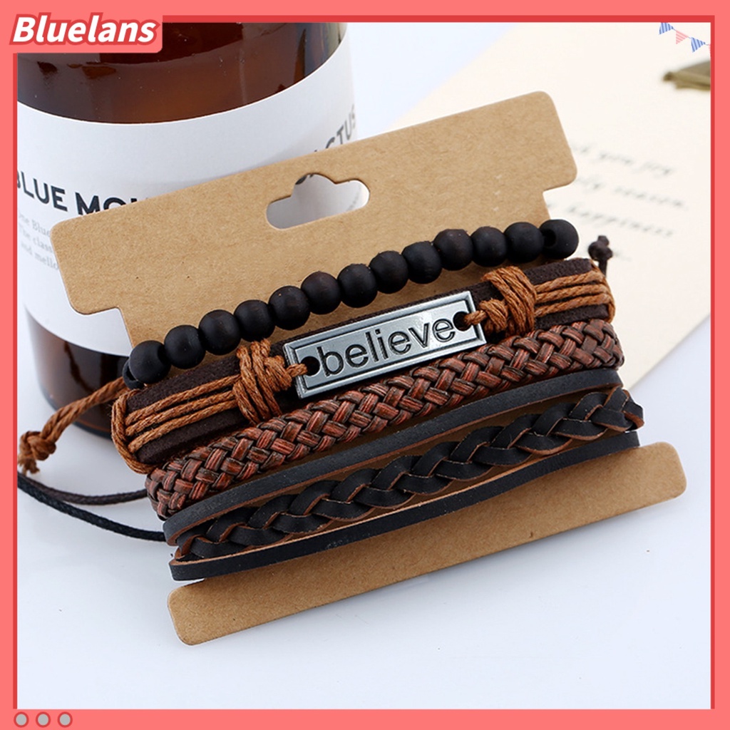 [BLS] 4pcs /Set Pria Fashion Adjustable Kulit Imitasi Tali Dikepang Percaya Huruf Gelang Manik-Manik