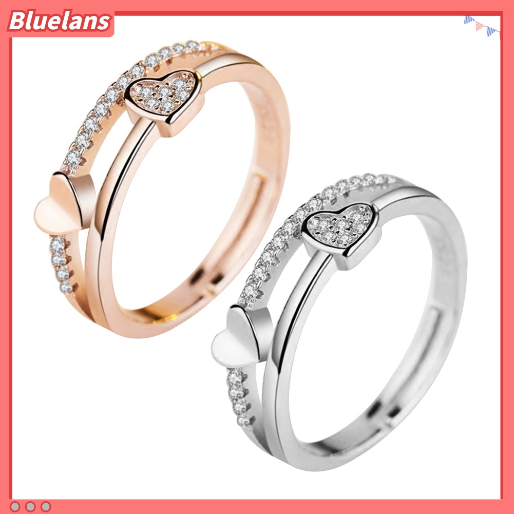 [BLS] Fashion Wanita Berlian Imitasi Hias Hati Ganda Cincin Berakhir Terbuka Perhiasan Hadiah