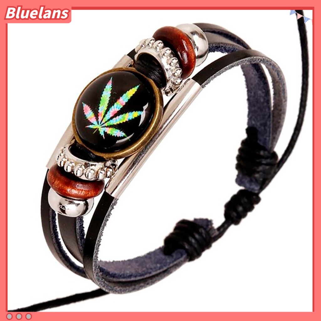 [BLS] Punk Unisex Maple Leaf Beads Faux Leather Gelang Perhiasan Pesta Club Bracelet