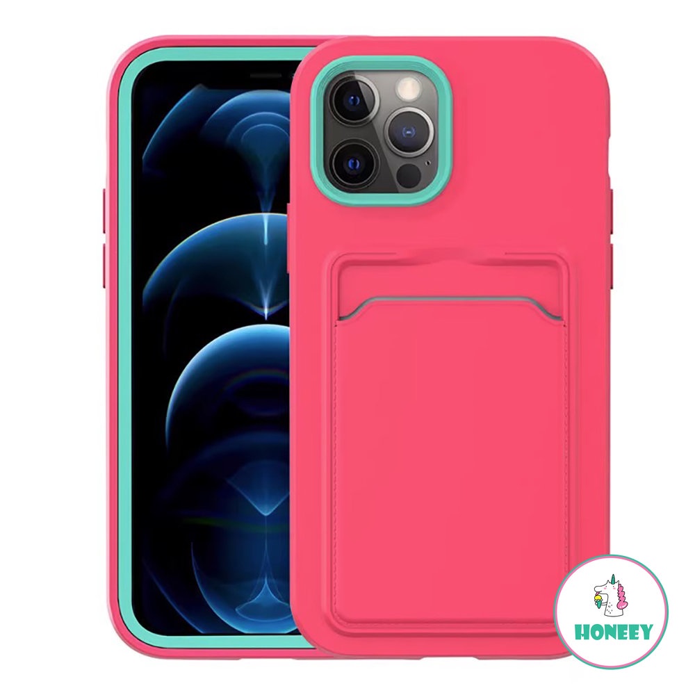 Tas Kartu Warna Kontras Casing Ponsel Untuk iPhone 14 Pro Max11 13 12 Pro XS Max X XR 7 8 Plus Slot Kartu Silikon Shockproof Cover