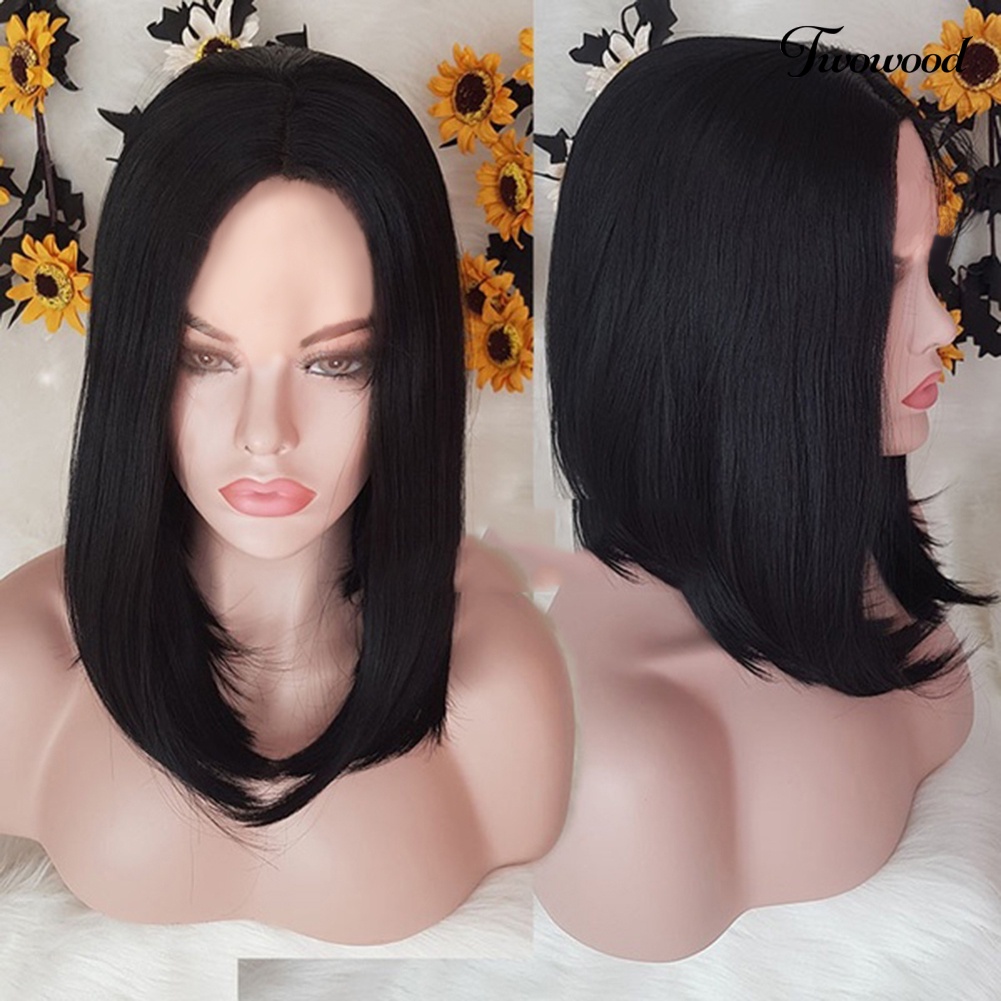 Twowood Wanita Lace Front Bob Natural Lurus Tahan Panas Sintetis Wig Sopak