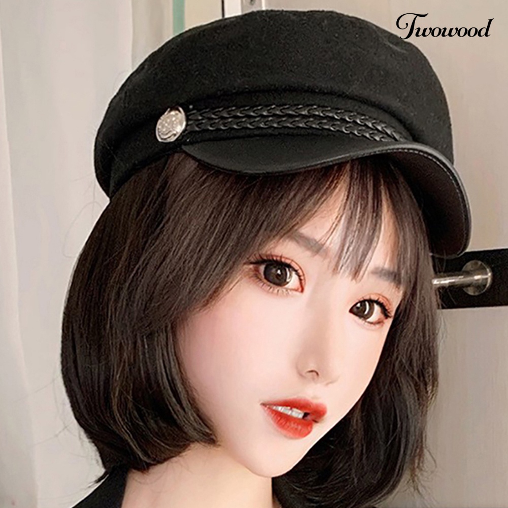 Twowood Wanita Bergaya Bob Lurus Pendek Wig Sopak Rambut Ekstensi Dengan Topi Muncak