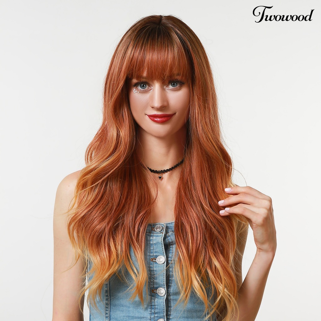 Twowood Wanita Wig Rambut Rapi Poni Bernapas Ringan Halloween Cosplay Wig Gelombang Panjang Untuk Perempuan