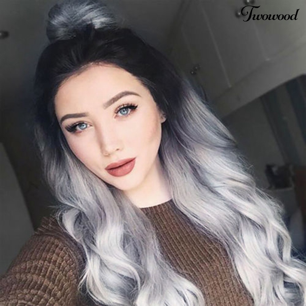 Twowood Wig Rambut Fashion Sentuhan Lembut Dapat Disesuaikan Mudah Dibersihkan Operasi Sederhana Alat Makeup Ringan Perak Abu-Abu Gradien Wig Rambut Keriting Panjang Untuk Kehidupan Sehari-Hari