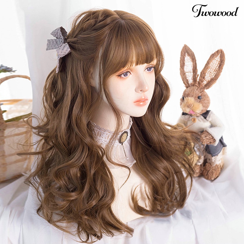 Twowood 1set Wig Wanita No Perm Berbulu Tidak Jatuh Halus Styling Rambut Cakupan Penuh Mid Length Rambut Keriting Wig Dengan Poni Digunakan Wanita