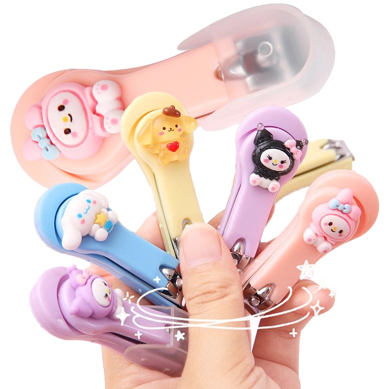 Clisanrio Gunting Kuku Mini Kawaii Kuromi Cinnamoroll Gunting Kuku Rumah dengan Penutup Pelindung Gunting Kuku Lipat Kreatif Alat Manikur Rumah