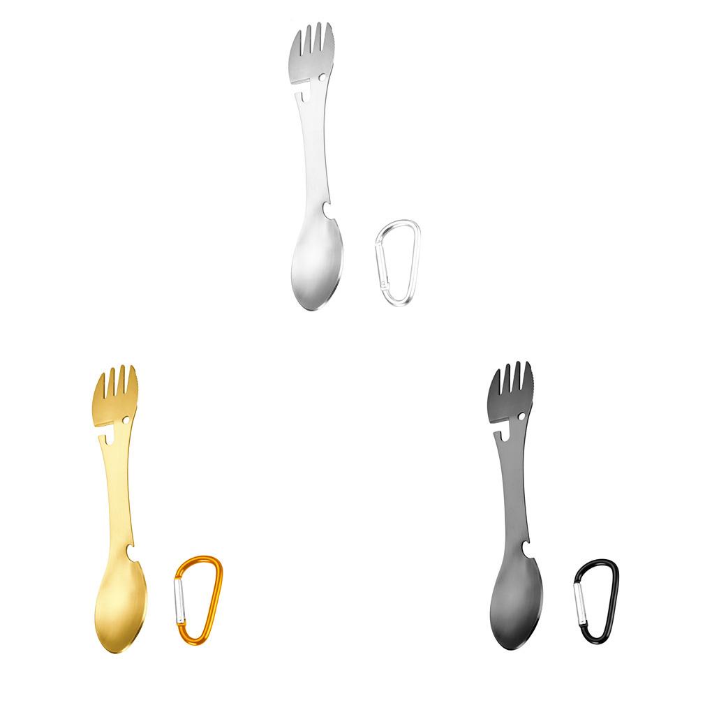 Spork Multifungsi Stainless Steel 5in1 Pisau Sendok Gantungan Kunci Pembuka Botol Alat Makan Untuk Camping Piknik Utensil