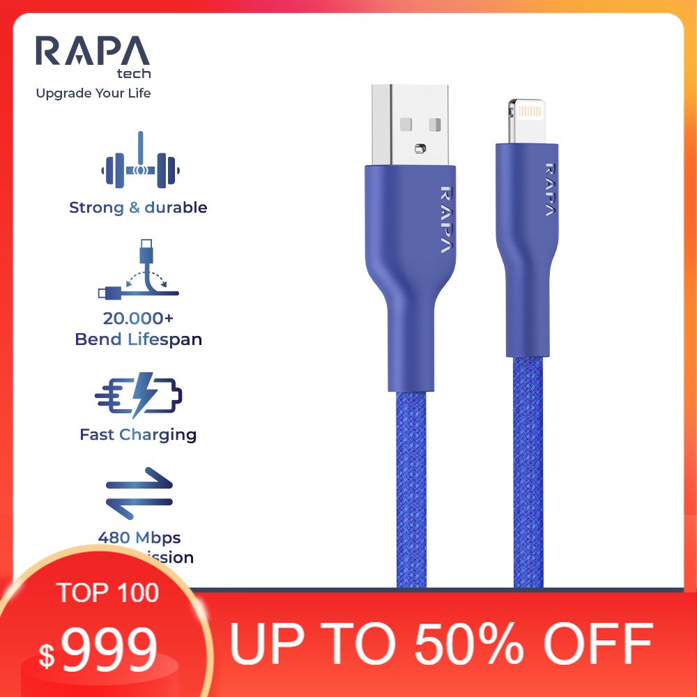 Original RAPAtech Cable Data Usb Lightning Fast Charging 2.4A 100 cm For iPhone 6/7/8/6+/7+/8+/X/XR/XS MAX/11 12 13 14 PRO MAX/ DC2022 original bergaransi