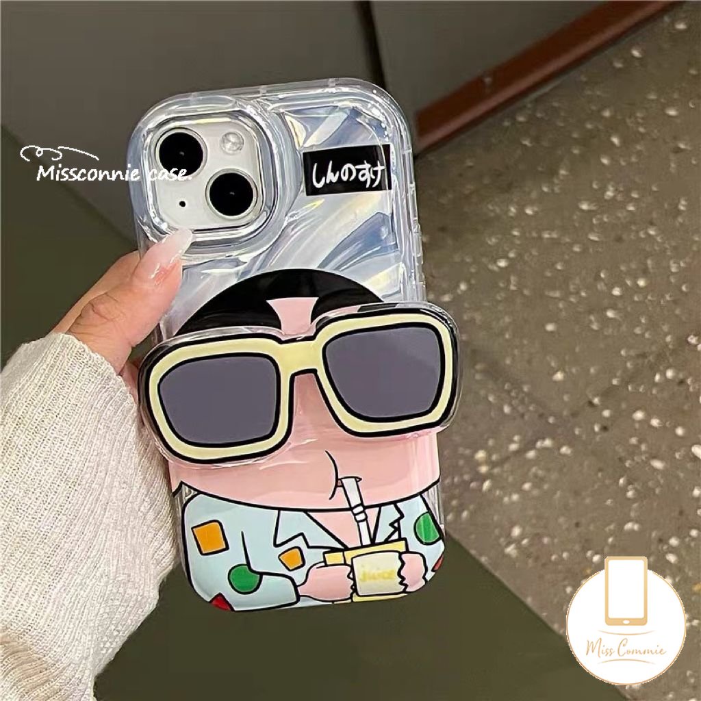 IPHONE Keren Memakai Sunglasse Crayon Shin-chan Kartu Laser Casing Bening Kompatibel Untuk Iphone11Xr12 13 14 Pro Max7 8 Plus 6 6S 7 8 Plus X XS MAX SE 2020lembut 3D Bergelombang Melengkung Sarung Mewah