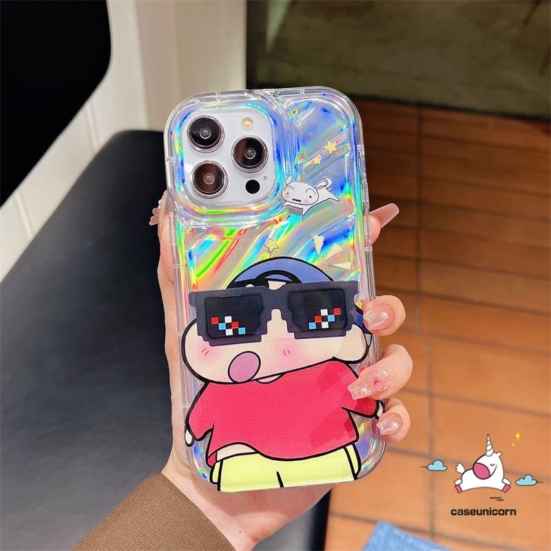 Memakai Kacamata Hitam Crayon Shin-Chan Kartun Hello Kitty Case Kompatibel Untuk IPhone 7Plus 11 13 14 12 Pro MAX 8 6 6S Plus X XR XS MAX SE 2020kartu Kreatif 3D Stereo Corrugation Case