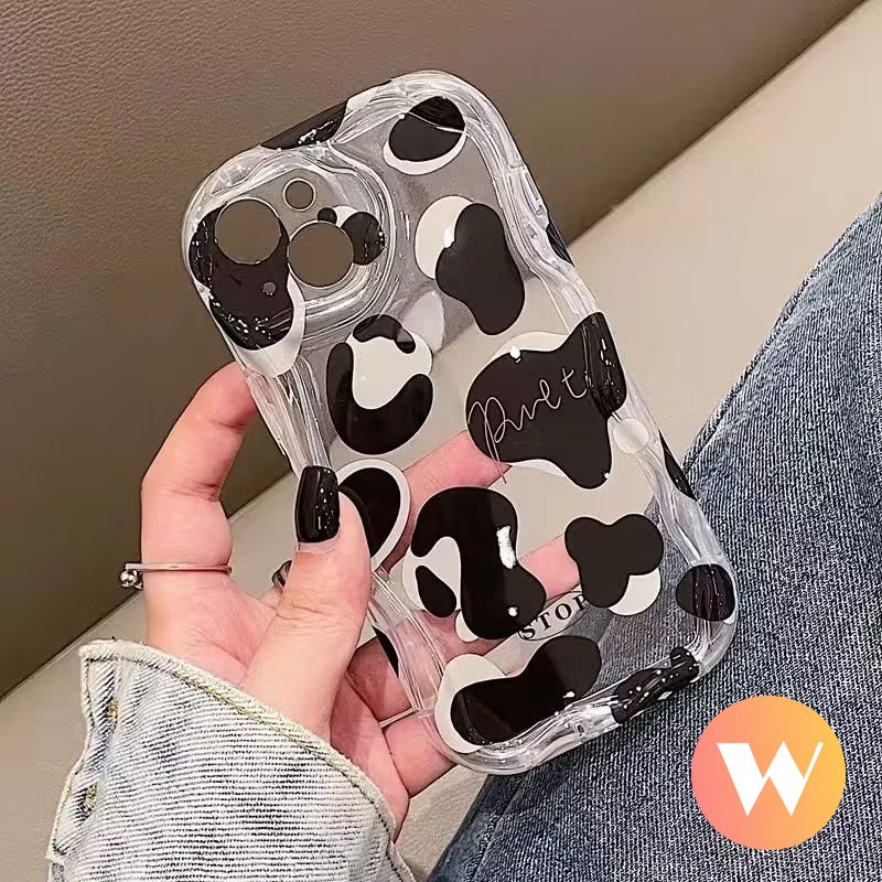 IPHONE Case Kompatibel Untuk Iphone11 13 14 12 Pro Max XR XS X Max Se2020 7Plus 8 6s7 6 Plus Simple Hitam Putih Motif Leopard Ekspresi Lucu 3D Tepi Bergelombang Melengkung Soft Cover