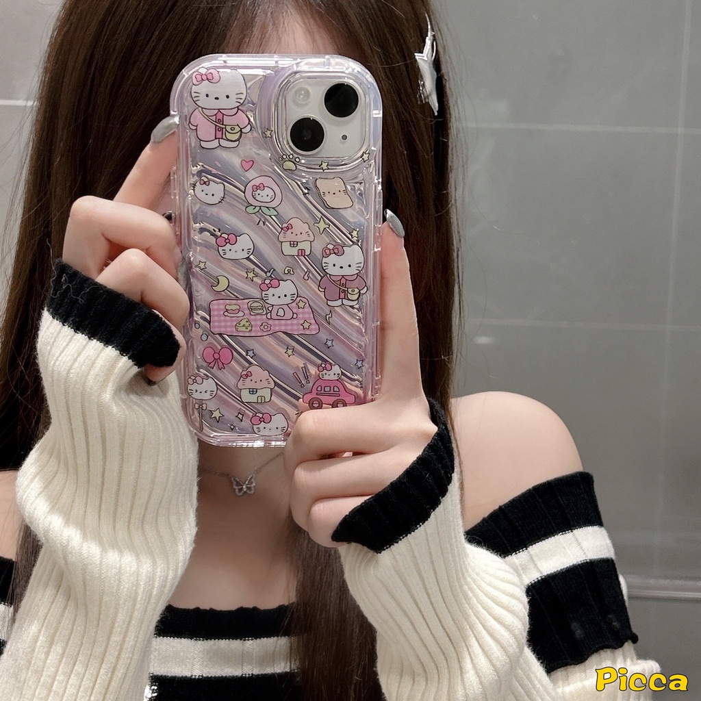 IPHONE Kartun Hello Kitty Case Kompatibel Untuk Iphone11 13 14 12 Pro MAX XR 7Plus 7 8 6 6S Plus X XS MAX SE 20203D Stereo Korgasi Kartu Laser Vintage Tombol Telepon Digital Soft Cover