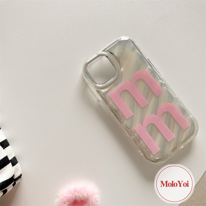 IPHONE Soft Case Busur Pita Pink Kompatibel Untuk Iphone11 14 13 12 Pro MAX 7Plus XR XS X Max7 6 6S 8plus SE 2020huruf Simple M 3D Stereo Corrugation Dengan Penutup Stiker Hati Berlian