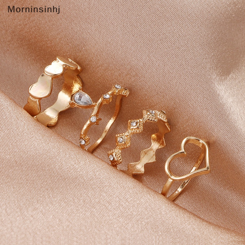 Mornin 4Pcs /Set Korea Fashion Temperamen Berlian Imitasi Geometri Jantung Cincin Set Untuk Wanita Perhiasan id