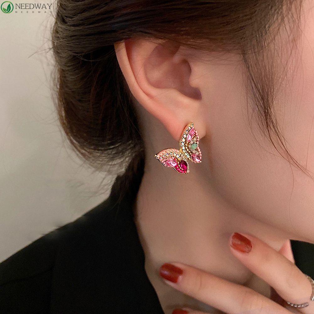 Needway Anting Perempuan Perancis Mewah Merah Muda Kecil Warna-Warni Berlian Imitasi Fashion Perhiasan