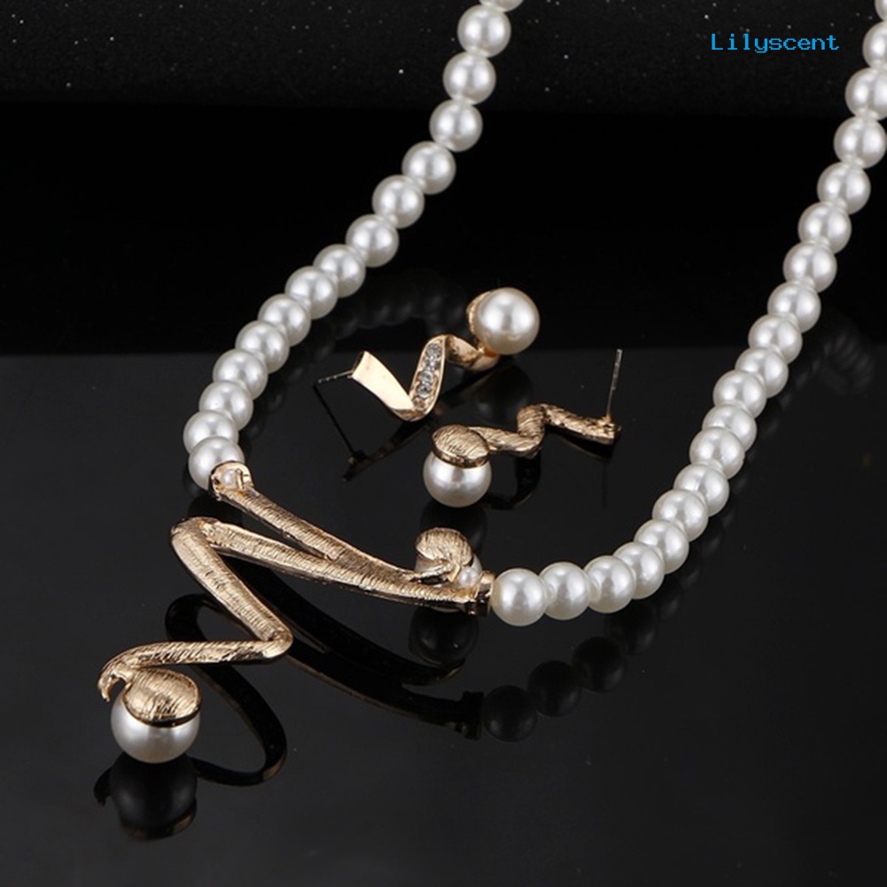 [LS]Rhinestone Faux Pearl Beaded Necklace Stud Earrings Set Perhiasan Pernikahan Pengantin