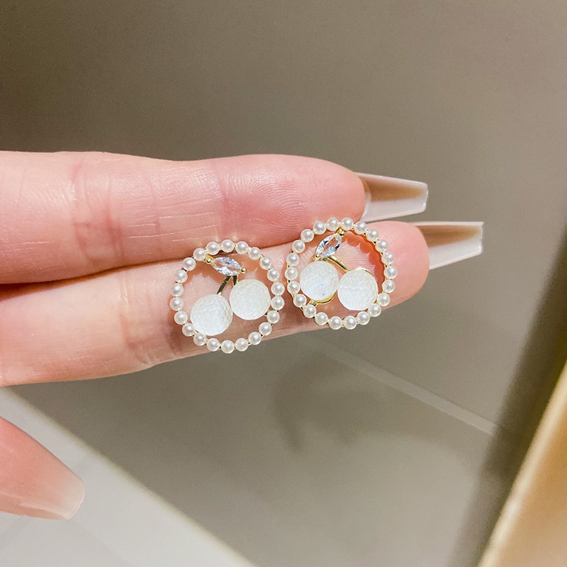 Korea Cherry Zirkon Anting Mutiara Wanita Gadis Kecil Segar Fashion Studs Earring