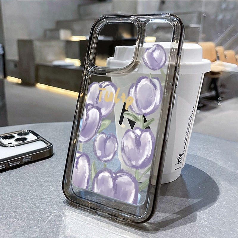 Casing Tulip Bunga Ungu Untuk IPhone Kompatibel6 7 8 6Plus 7Plus 8Plus 11 14 Pro Max X XS XR 11 12 13 14 Pro Max SE 2020 2022 Plating Electroplated Buttons Shockproof Cover