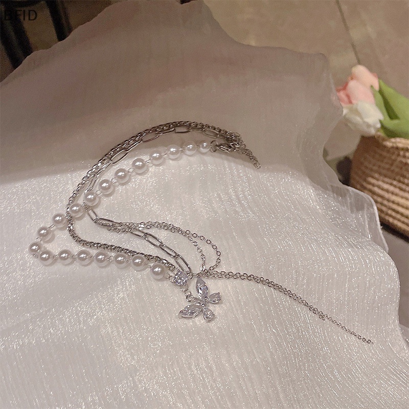 [BFID] Kalung Kupu-Kupu Kristal Mengkilap Multi-Layer Mutiara Rantai Klavikula Zirkon Leher Rantai Cincin Untuk Wanita Perhiasan Estetik Trendi [ID]