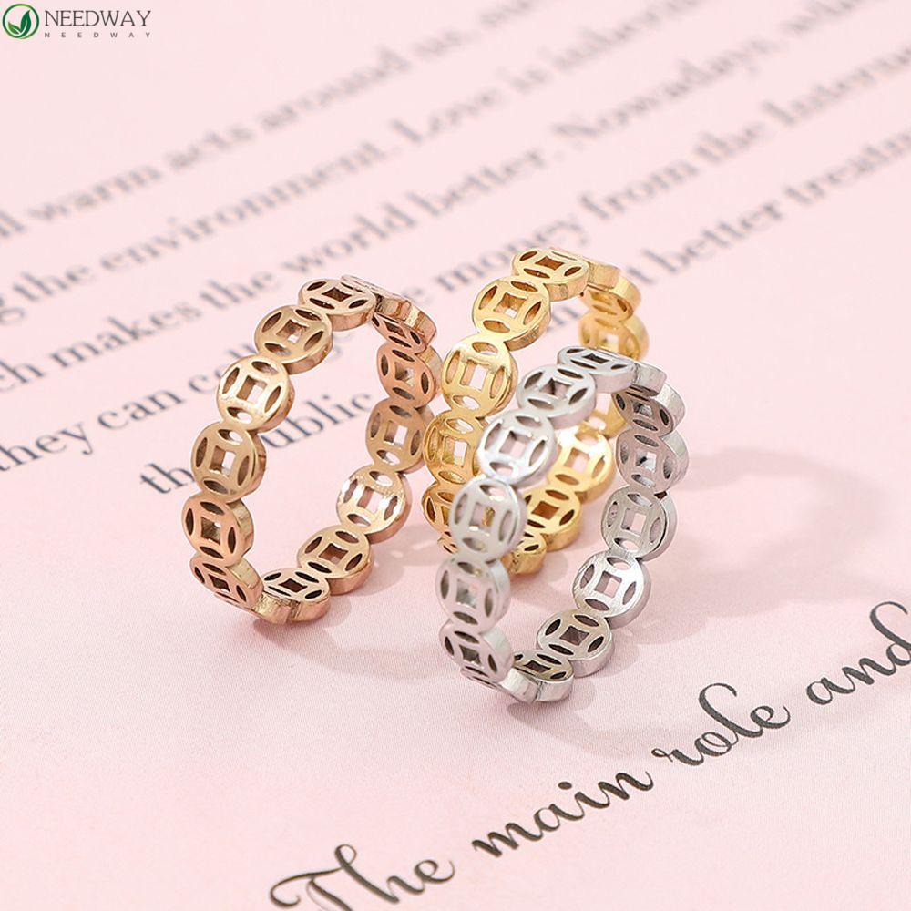Needway Wanita Cincin Uang Elegan Retro Hollow Stainless Steel Kekayaan Keberuntungan Untuk Pria Penangkap Koin Rings