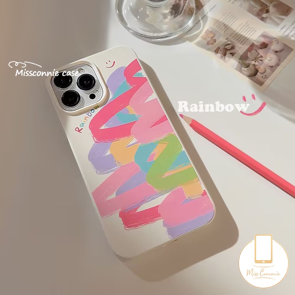 IPHONE Doodle Cat Warna-Warni Pelangi Case Kompatibel Untuk Iphone11 13 14 12 Pro Max 7Plus XR X XS Max7 8 Plus SE 2020 Glossy Halus Shockproof Lembut Tpu Penutup Belakang