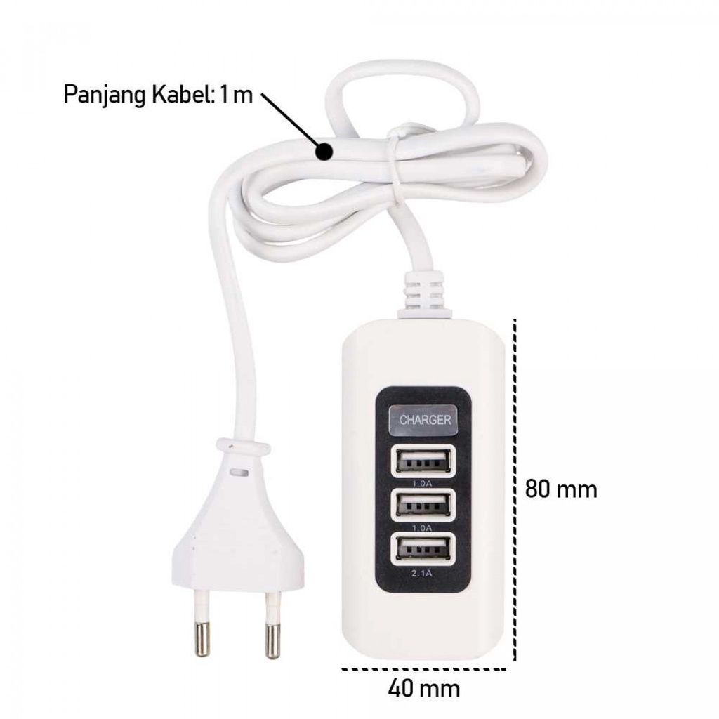 Colokan Stop Kontak Kabel USB Charger Hub 3 Port 5V 2A EU Plug