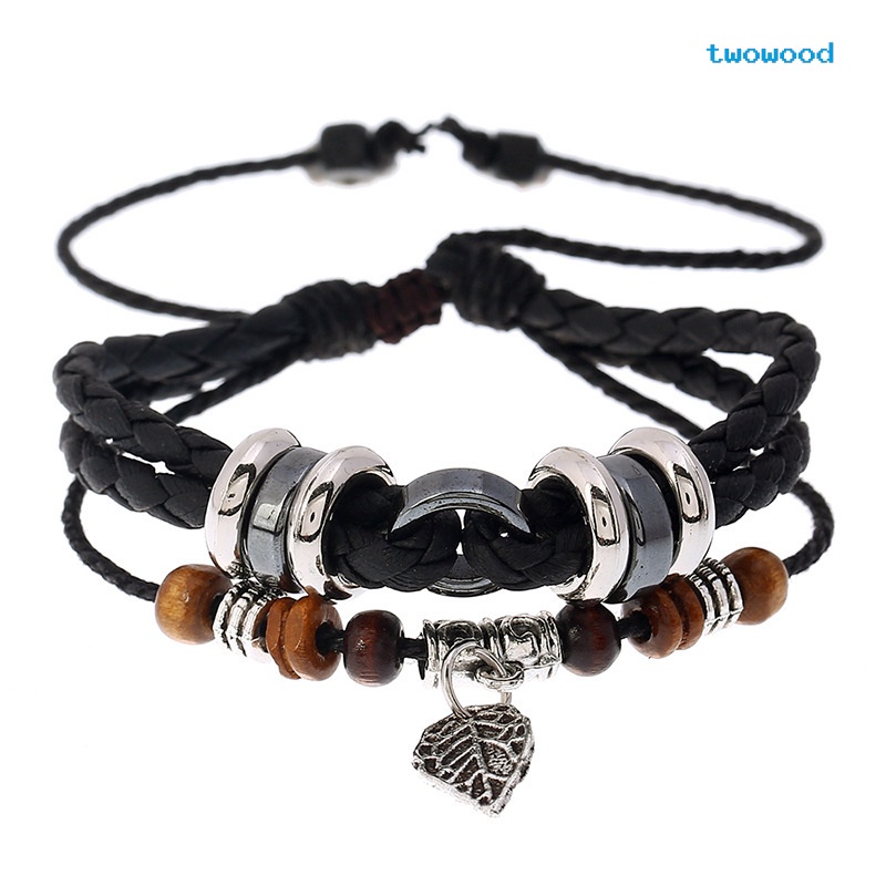 Twowood Kepribadian Fashion Kreatif multi-layer Anyaman Daun Liontin Pria Gelang Kulit