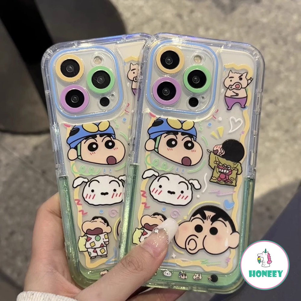 Jepang Anime Lucu Crayon Shin-chan Holder Phone Case Kompatibel Untuk iPhone 14 Pro 13 12 11 Pro Max Perlindungan Lensa Warna-Warni Anti-Drop Airbag Cover