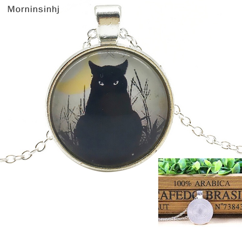 Mornin Chic Wanita Vintage Black Cat Cabochon Silver Plated Rantai Kaca Liontin Kalung id