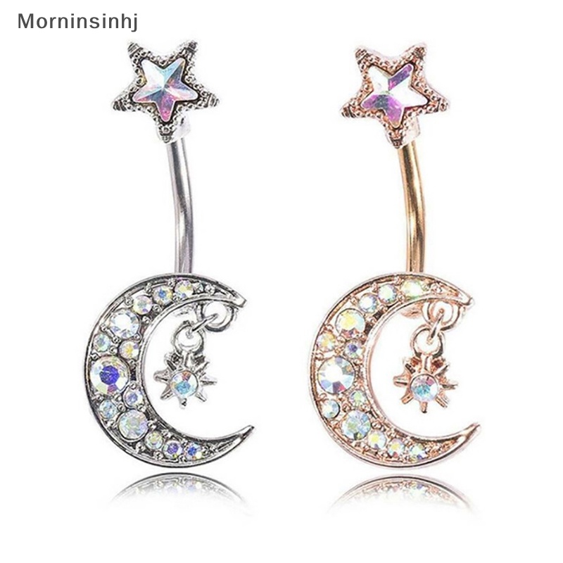 Mornin Starbeauty 14G Drop Bintang Bulan Pusar Bar Menjuntai Anting-Anting Hujan Kristal Pusar Cincin Wanita Pesta Pantai Telinga Perhiasan id