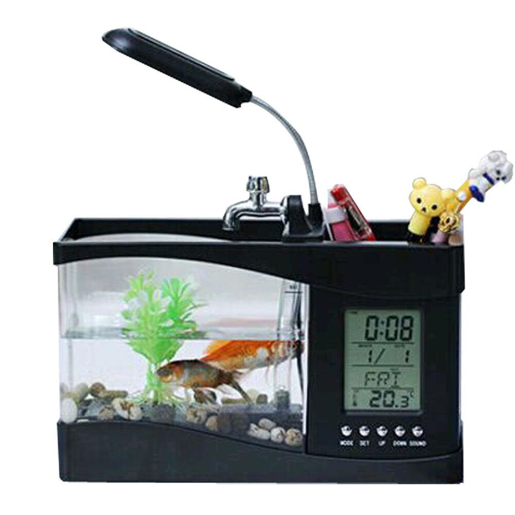 USB Desktop Aquarium Mini Fish Tank with Running Water - Akuarium Mini with LCD Display