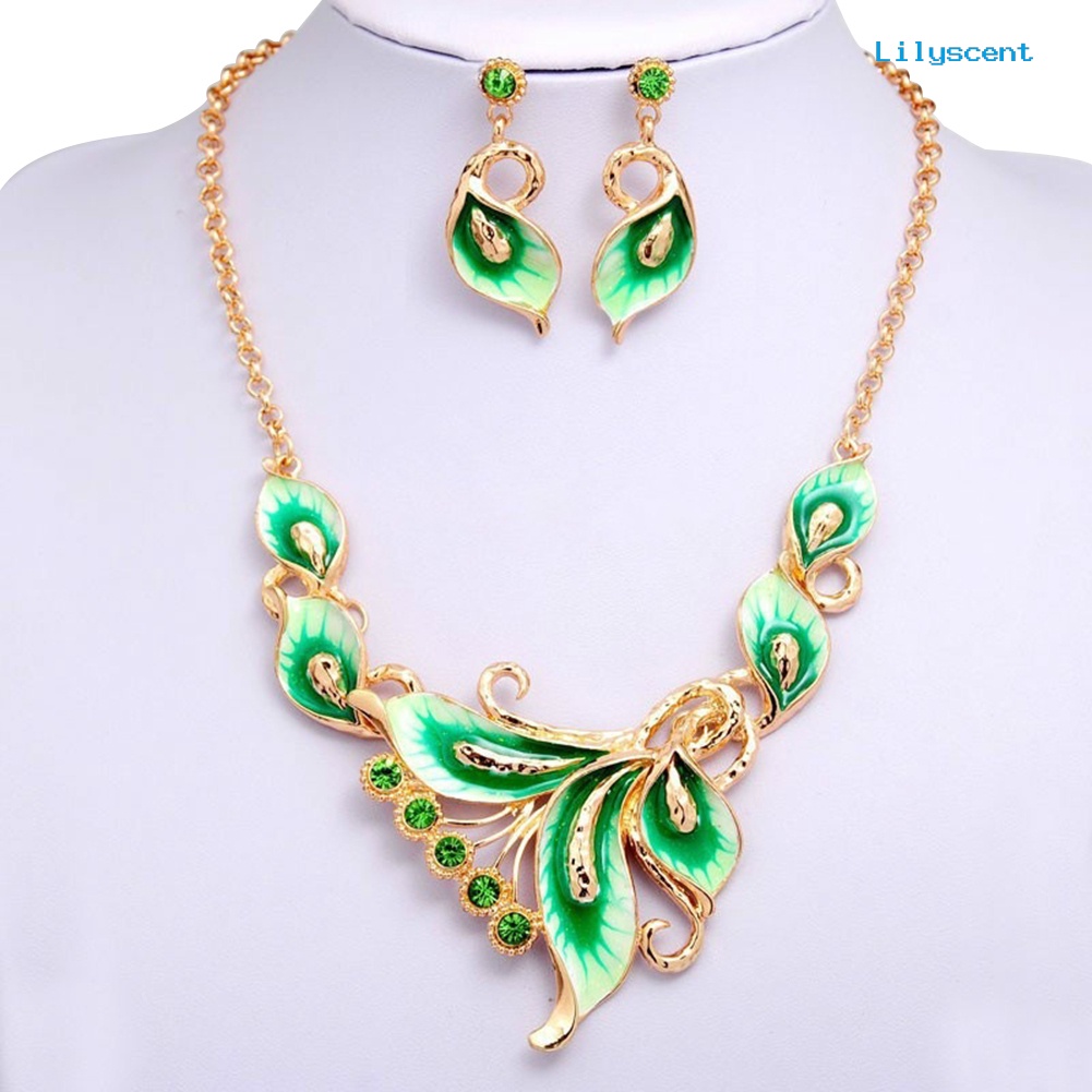 [LS] Enamel Wanita Bunga Pesona Berlian Imitasi Stud Anting Rantai Kalung Set Perhiasan