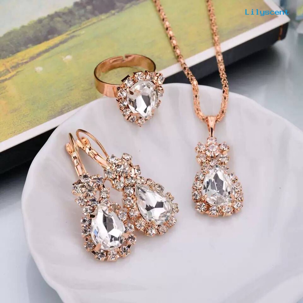 [LS]3Pcs/Set Klip Telinga Warna Cerah Paduan Kalung Anting Cincin Set Tetesan Air Berlian Imitasi Liontin Kalung Anting Cincin Perhiasan Aksesori