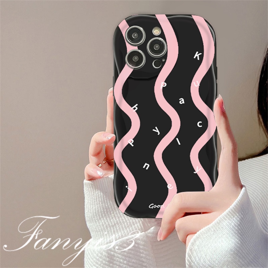Samsung A34 A14 A04 A54 A04s A04E A24 A23 A13 A03 A52 A52s A03s A02s A12 A22 A51 A32 A50 A30s A50s Hitam Pink Huruf Garis Wavy Curved Edge Phone Case TPU Soft Cover Pelindung