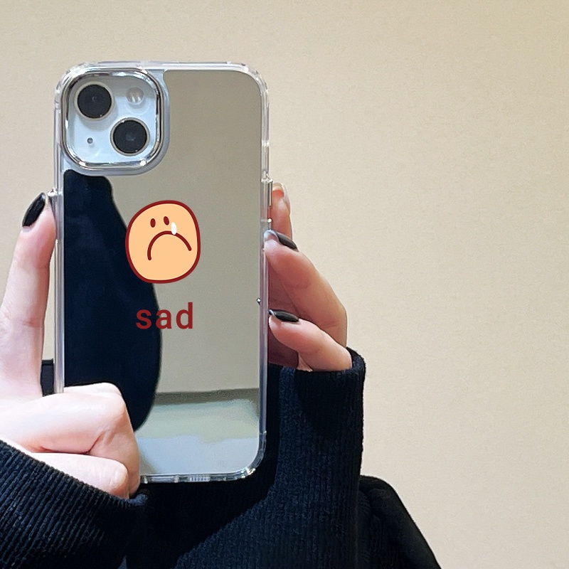 IPHONE Sad Emoji Mirror Phone Case Kompatibel Untuk Iphone11 12 13 14 12Pro 13Pro 14Pro Pro Max XR X XS Max Electroplating Tombol Perlindungan Mirror Cover