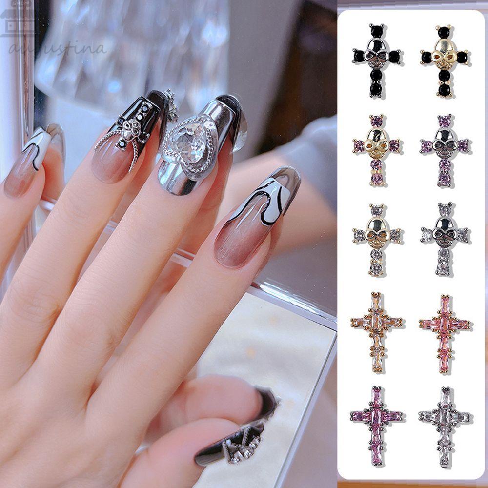 AUGUSTINA Agustina Glitter Jantung Kuku Pesona Cross Elegan Ornamen Flatback Zirkon Kristal Manicure Aksesoris