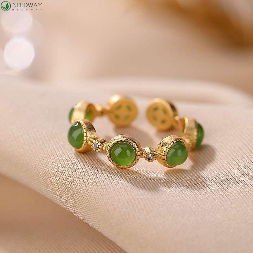 NEEDWAY Needway Wanita Cincin Adjustable Vintage Terbuka Rings Niche Desain Lapis Emas Imitasi Hetian Jade Perhiasan Fashion