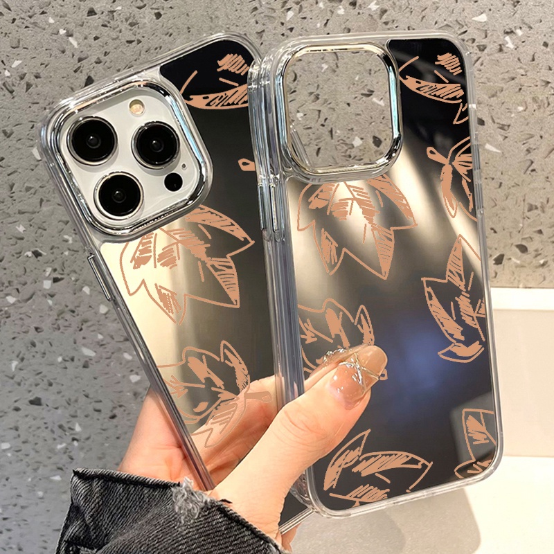 IPHONE Maple Leaves Mirror Phone Case Kompatibel Untuk Iphone11 12 13 14 12Pro 13Pro 14Pro Pro Max XR X XS Max Electroplating Tombol Perlindungan Mirror Cover