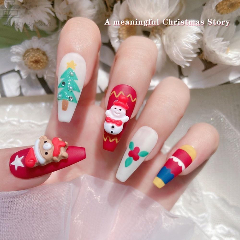 AUGUSTINA Resin Dekorasi Nail Art Natal Agustinina 10pcs Snowflake Lucu Pohon Natal Kartun Pesona Kuku