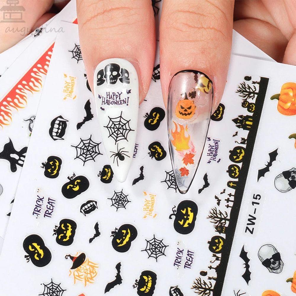 AUGUSTINA Agustina Halloween Stiker Kuku Wanita Penyihir Spider Web Perekat Diri Kucing Hitam Labu DIY Kuku Decals