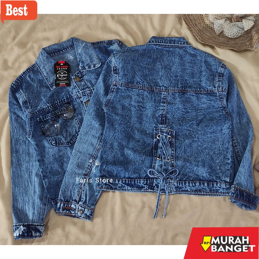 Jaket denim wanita terbaru- Jaket Jeans Tali Belakang Crop Oversize Wanita Jaket Denim Terbaru