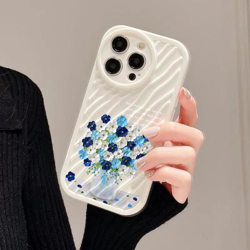IPHONE Casing Ponsel Riak Air Bunga Biru Kompatibel Untuk Iphone11 13 12 14 Pro Max14 Plus XR X XS MAX 7Plus 8Plus 7 8 SE 2020 2022 Sarung Tahan Guncangan