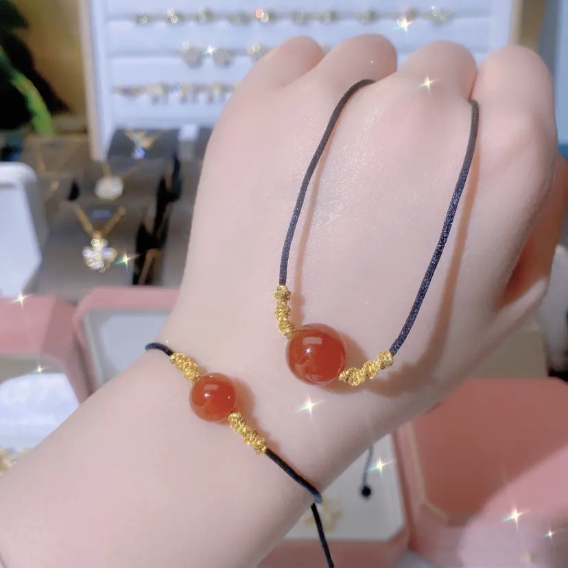 Kalung Batu Akik Merah Kacang Akasia Manusia Gelang Pria Wanita Pasangan Manik-Manik Bulat Klavikula Tenun Tangan Tali