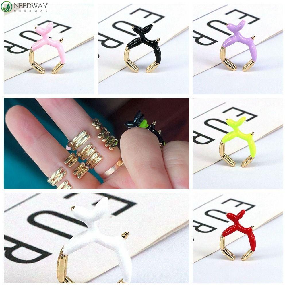 NEEDWAY Needway Enamel Jari Cincin Punk Elegan Indah Y2K Manis Unik Tembaga Unisex Pet Golden Ballon Puppy Ring