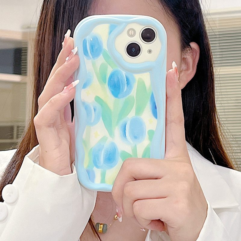 Cream Casing Nice Blue Tulip Soft Case HP iP iPhone 6 6S 7 8 14 + Plus SE 2020 2022 X XS XR 11 12 13 Pro Max