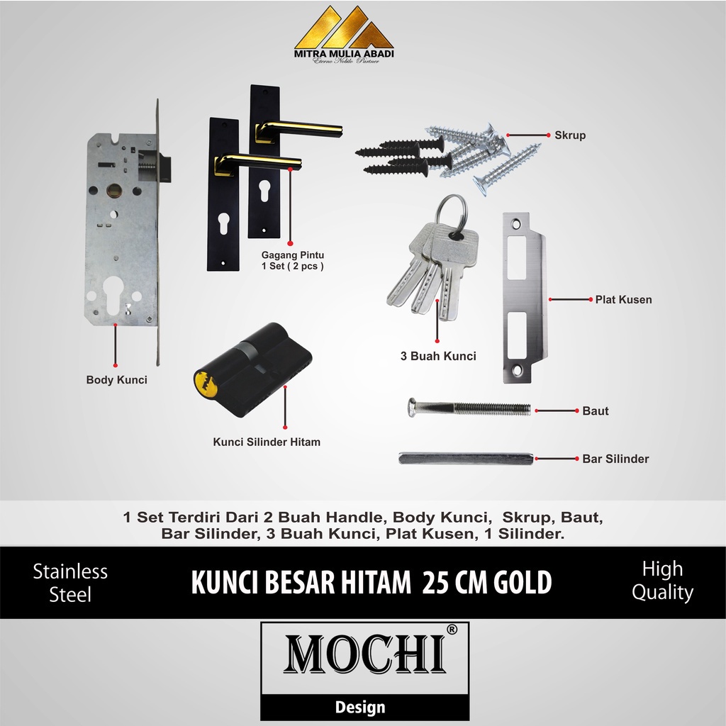 Gagang Kunci Pintu Besar 25 cm Full set  l Handel Pintu rumah Full Set MOCHI GOLD