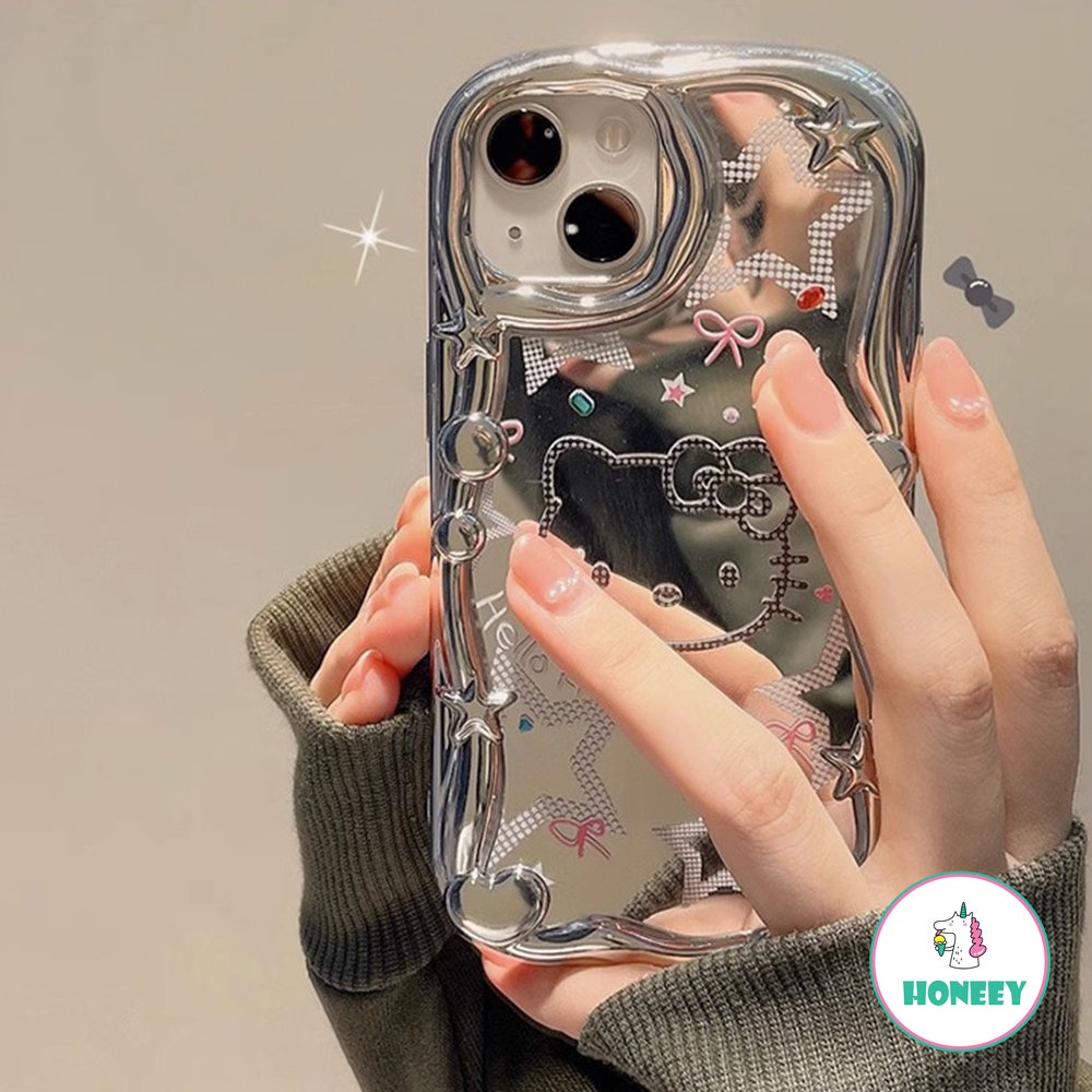 Fashion Kartun Kitty Berlapis Perak Cermin Ponsel Case Kompatibel Untuk iPhone 14 Pro 12 13 11 Pro Max XR XS Bintang Graffiti Anti-Shock Ponsel Cover